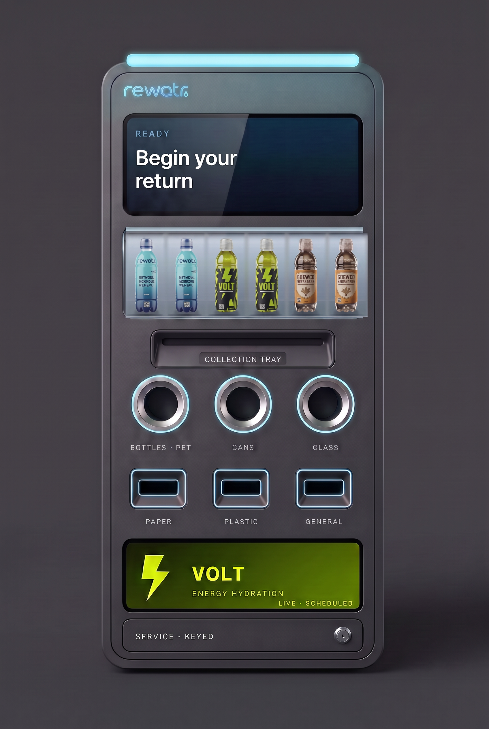 Photorealistic rewatr Station front elevation: aqua state light, touchscreen, chilled shelf of rewatr, VOLT and BREWCO bottles, six intakes and a digital sponsor display